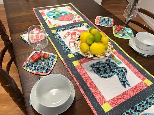Patch work applique Easer table runner with six mug rugs