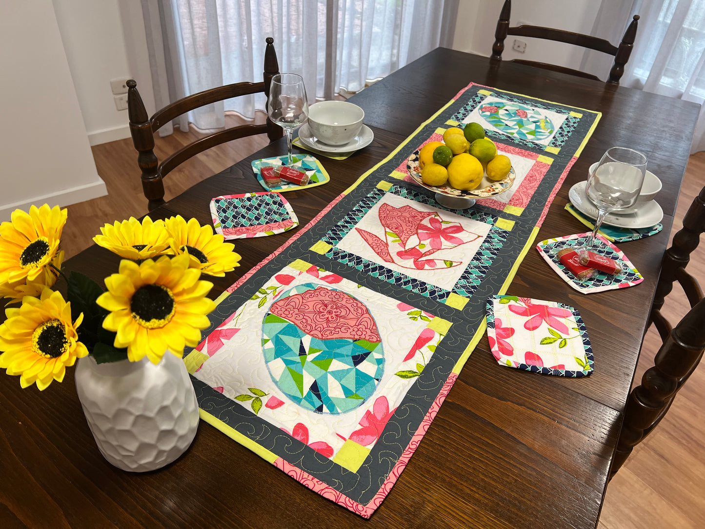 Patch work applique Easer table runner with six mug rugs