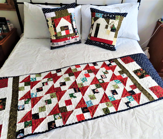 Christmas Patchwork bed runner with pair Christmas cushions