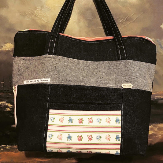 Denim handbag  handmade , lined with inner pockets